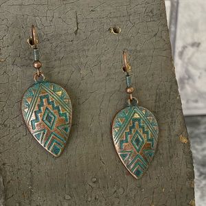 Patina Green wash over Copper colored AZTEC patterned fishhook EARRINGS!